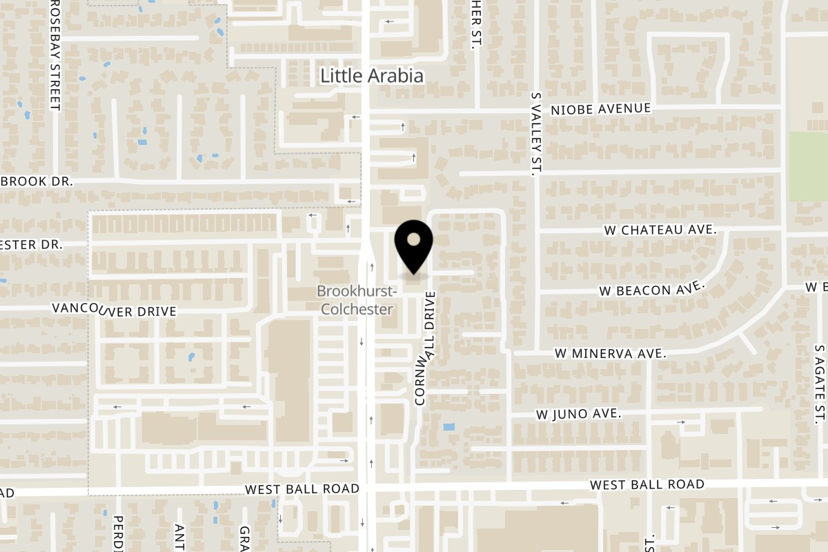 Map showing the location of Desert Moon Mediterranean Grill on 888 S Brookhurst St in Anaheim